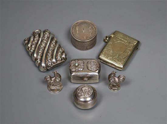 A rupee box, two silver miniature cockerels and plated vestas, etc.
